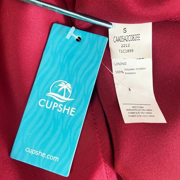 Cupshe Ramla 1-Shoulder Sheath Dress Size S Burgundy Satin Tulip Hem Pleated NWT - Picture 6 of 8